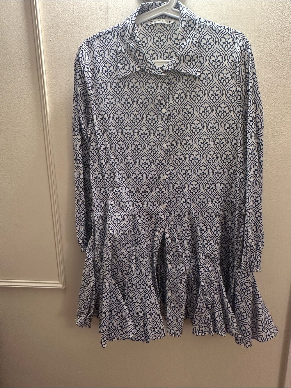 Zara Navy and White Printed Long-Sleeve Tiered Dress